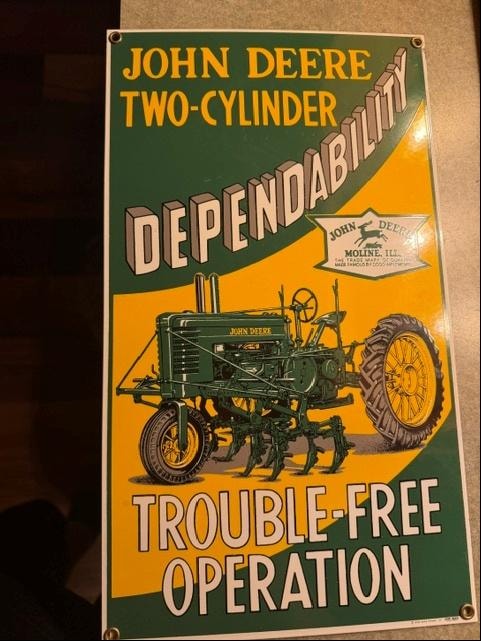 John Deere Two-Cylinder Dependability Vintage Metal Sign